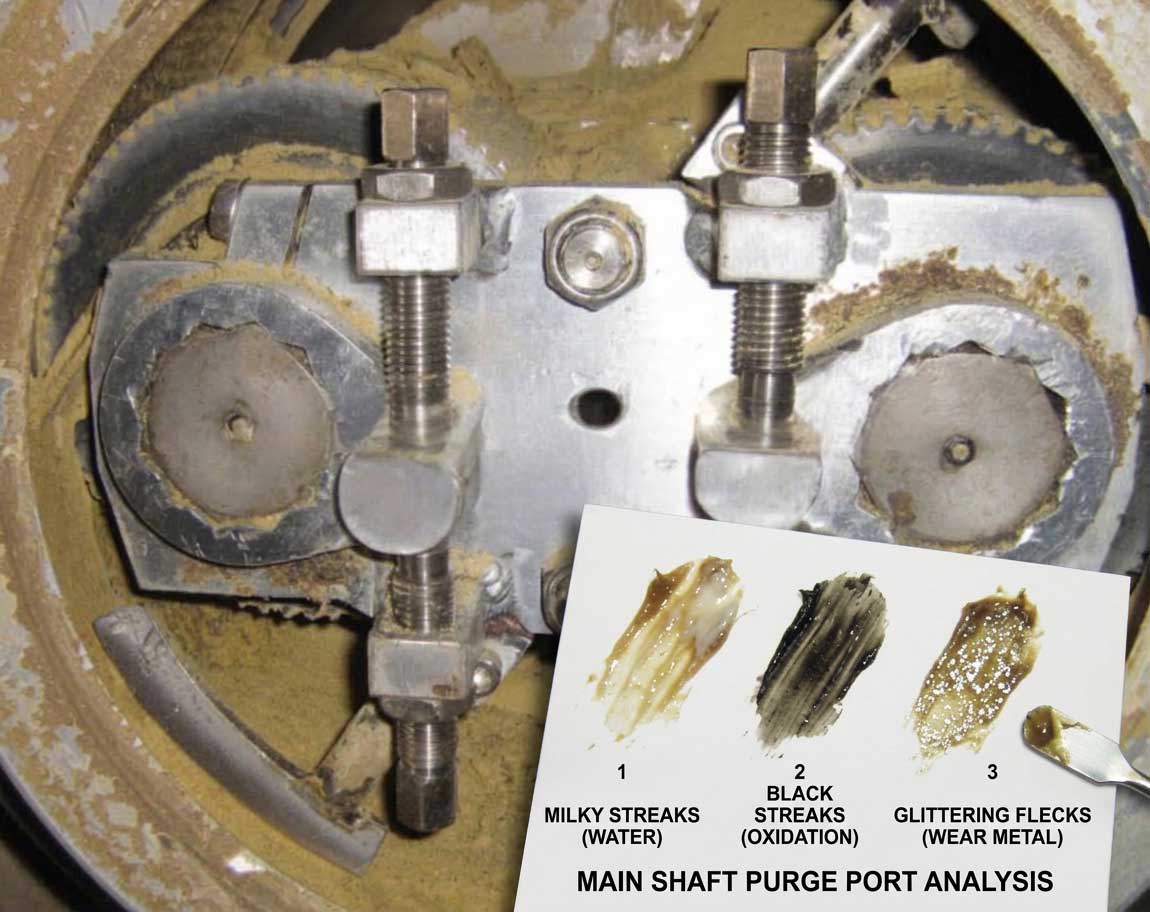 Spent grease diagnostic card showing water contamination oxidation and bearing wear metal from purge port Spent grease diagnostic card showing water contamination oxidation and bearing wear metal from purge port